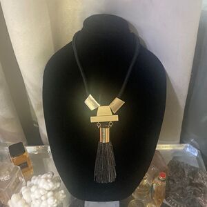 Runway High End Necklace Gold Tone Hardware Black Chain Fringe Black Rope